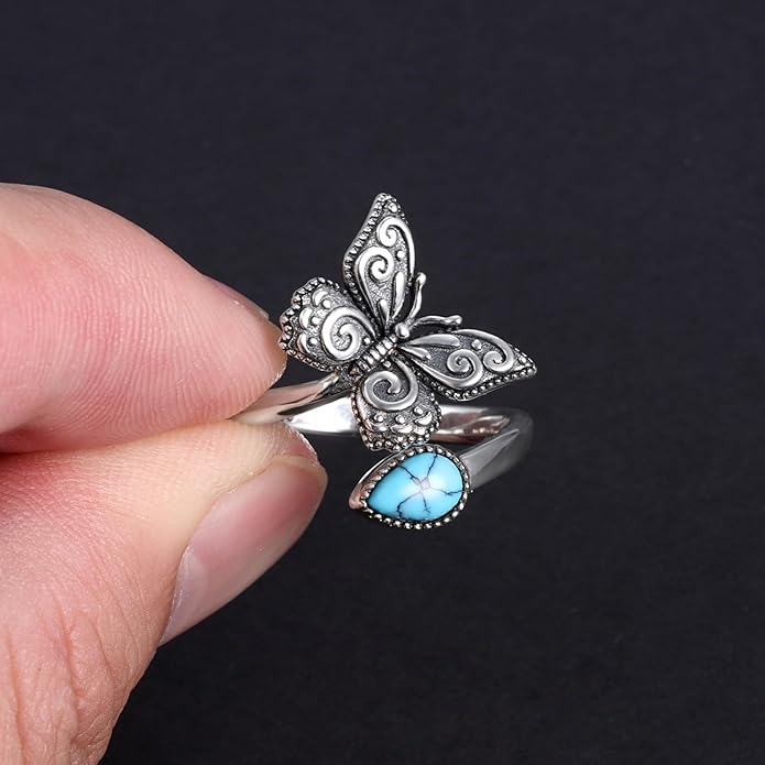 S925-Sterling-Silver Abalone Dragonfly-Turquoise Spoon Ring - Vintage Boho Sunflower Thumb Oxidized Wrap Rings Victorian Style Antique Floral Jewelry Gifts for Women