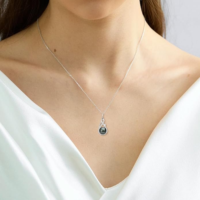 DENGGUANG Tahitian Black Pearl Necklace for Women Genuine 9-10mm Round Tahitian Cultured Pearls Pendant 18K Gold Plated 925 Sterling Silver - Jewelry Gifts for Mom Wife Daughter