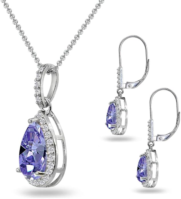 Jewelry Sets for Women, Necklace and Earring Sets for Women, Birthstone Jewelry, Genuine or Synthetic Gemstones, Teardrop Necklace and Dangle Earrings, Pendant Necklace, Sterling Silver Jewelry