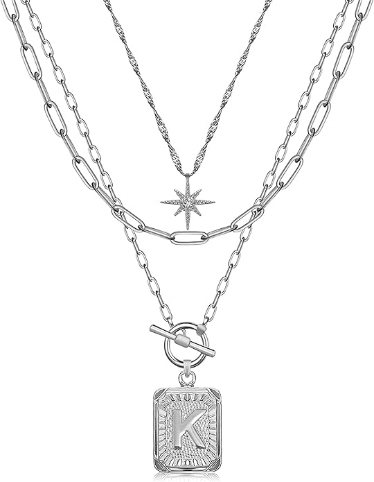 MJartoria Layered Initial Necklaces for Women Trendy, 14K Gold Plated Brass Simple Star Choker Square Letter Pendant Necklace, Paperclip Chain Necklaces Jewelry Gifts