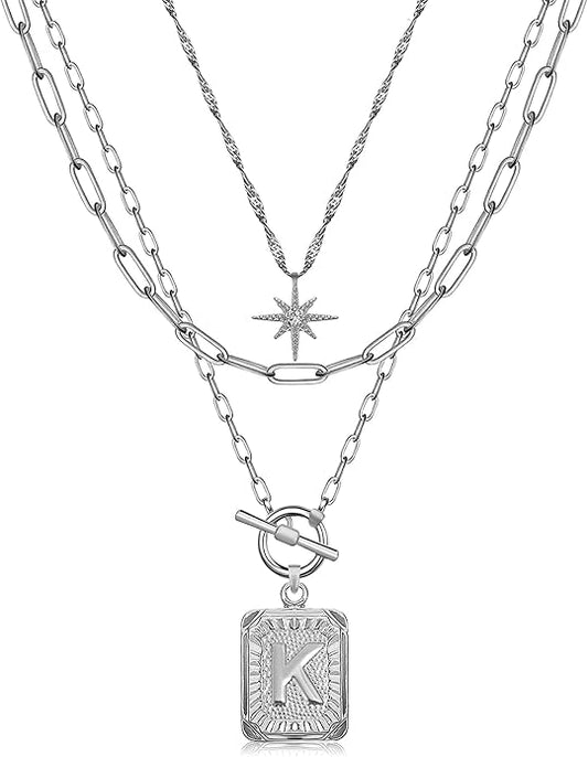 MJartoria Layered Initial Necklaces for Women Trendy, 14K Gold Plated Brass Simple Star Choker Square Letter Pendant Necklace, Paperclip Chain Necklaces Jewelry Gifts