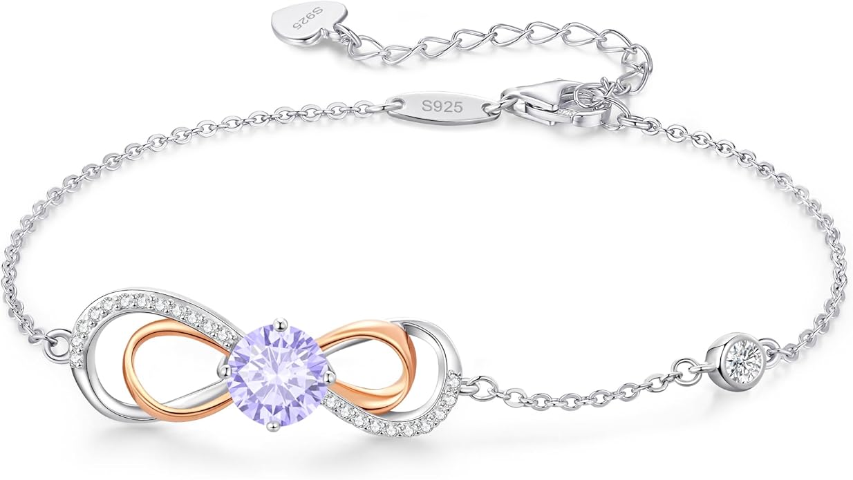 LOUISA SECRET Rose Gold Infinity Heart Bracelet for Women, Adjustable Chain 925 Sterling Silver Link Birthstone Bracelets, Best Anniversary Birthday Jewelry Gifts for Women Mom Wife Her