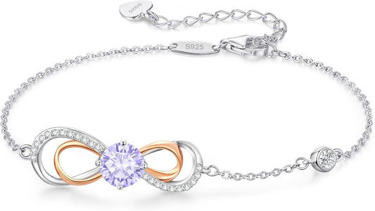 LOUISA SECRET Rose Gold Infinity Heart Bracelet for Women, Adjustable Chain 925 Sterling Silver Link Birthstone Bracelets, Best Anniversary Birthday Jewelry Gifts for Women Mom Wife Her