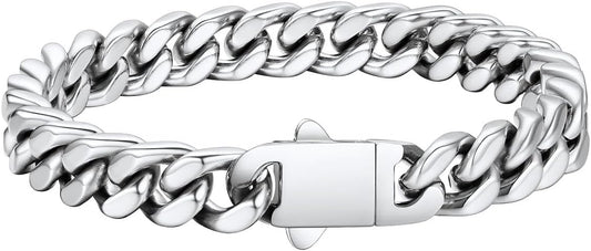 FaithHeart Mens Stainless Steel Cuban Link Bracelet - 5/7/9/12mm Width 7.5"/8.3"/9" Black/Silver/Gold Plated Heavy Duty Wrist Chain Bracelet Hip Hop Jewelry Birthday Gifts for Him