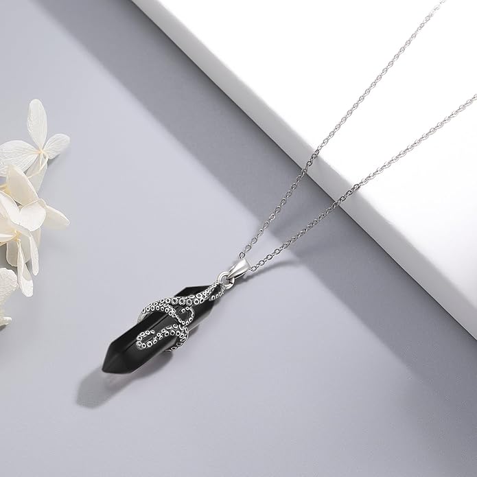 OHAYOO Octopus Tentacles Necklace 925 Sterling Silver Octopus Pendent Necklace Wrapped Obsidian Octopus Jewelry Gifts for Women