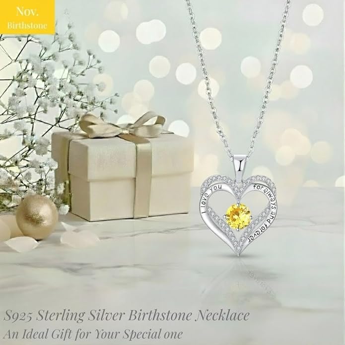 Birthstone Heart Necklace for Women Wife Girlfriend Mom Daughter Gifts S925 Silver Jewelry For Anniversary Rose Gold Gifts For Birthday Christmas Mothers Valentines Day