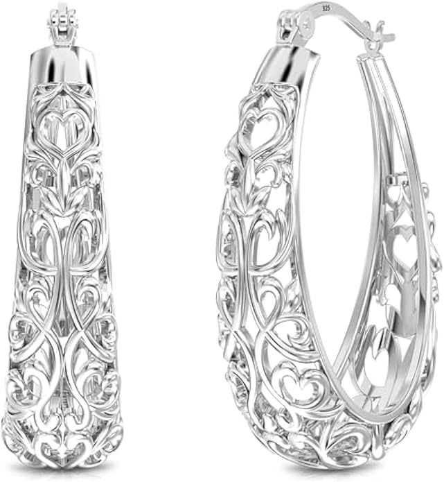 LeCalla 925 Sterling Silver Hoop Earrings for Women | Women's Filigree Hoop Earrings | Antique Oxidized Openwork Mesh Filigree Cut Earring Chunky Hoops | Hypoallergenic Vintage Filigree Oval Hoop Earrings for Women
