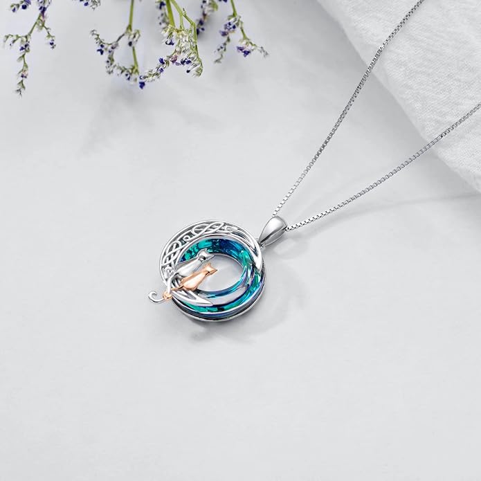 TOUPOP Christmas Cat Gifts for Cats Lovers One Two Three Four Cats Necklace Sterling Silver Cats on the Moon Pendant Necklace with Blue Circle Crystal Birthday Christmas Celtic Jewelry Gifts for Women