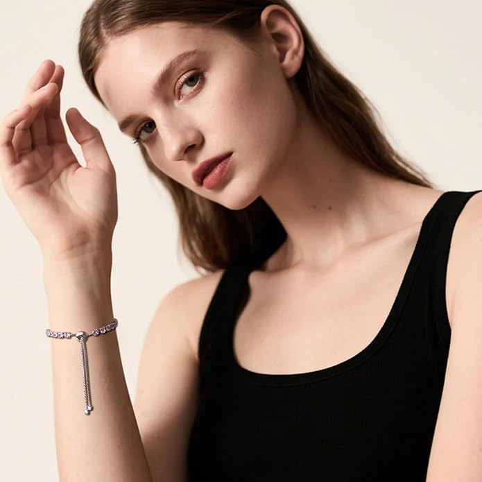 Italian Sterling Silver Women's Tennis Bracelets | Ladies' Sterling Silver Rope Adjustable Bracelet with Crystals | Gift for She