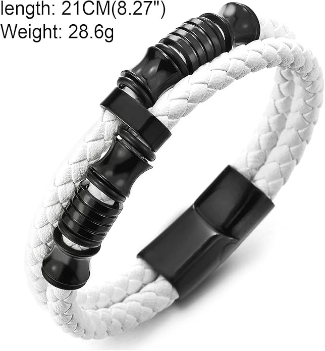 COOLSTEELANDBEYOND Mens Double-Row Braided Leather Bracelet Bangle Wristband with Stainless Steel Ornaments