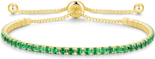 Sterling Silver Birthstone Tennis Bracelets for Women 2.5mm Tennis Bolo Bracelet Fashion Jewelry Birthday Gifts for Women Mom Wife | Adjustable Size 9"