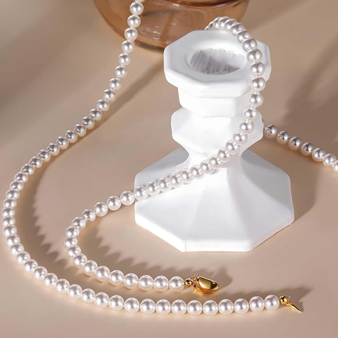Mameloly Pearl Necklaces for Women Dainty 925 Sterling Silver 18K Gold Plated 6MM Simulated White Pearl Choker Necklace Strand for Her Engagement Wedding Birdal
