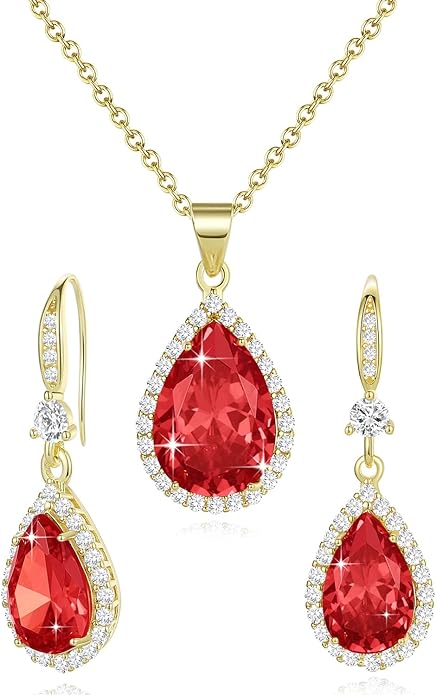 Sumonyo Women Jewelry Set Silver/Gold Plated Teardrop Pendant Necklace Dangle Drop Earrings Dangling Sets Birthstone Crystals Rhinestone,Birthday Anniversary Wedding Mother’s Day Gifts for Women