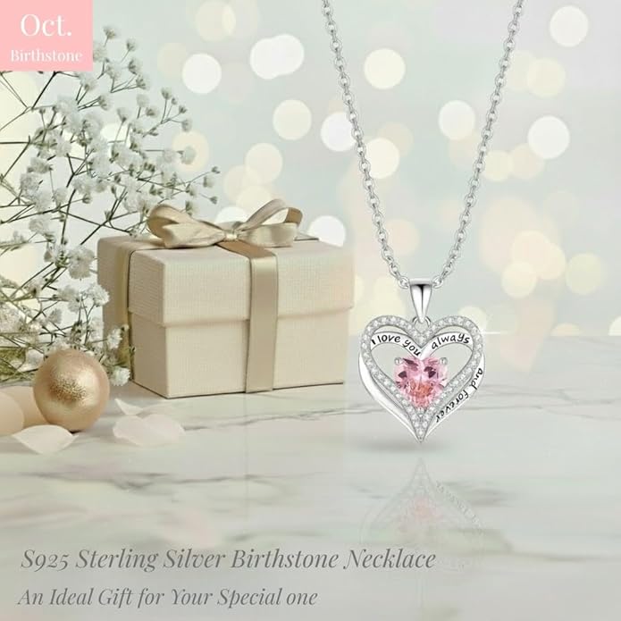 Birthstone Heart Necklace for Women Wife Girlfriend Mom Daughter Gifts S925 Silver Jewelry For Anniversary Rose Gold Gifts For Birthday Christmas Mothers Valentines Day