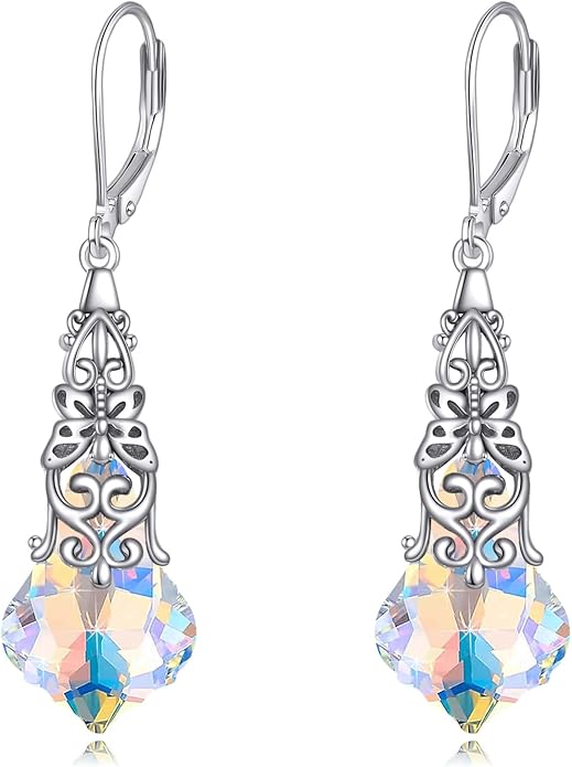 Austrian Crystal Dangle Drop Leverback Earrings for Women 925 Sterling Silver Vintage Oxidized Butterfly Filigree Hypoallergenic Jewelry