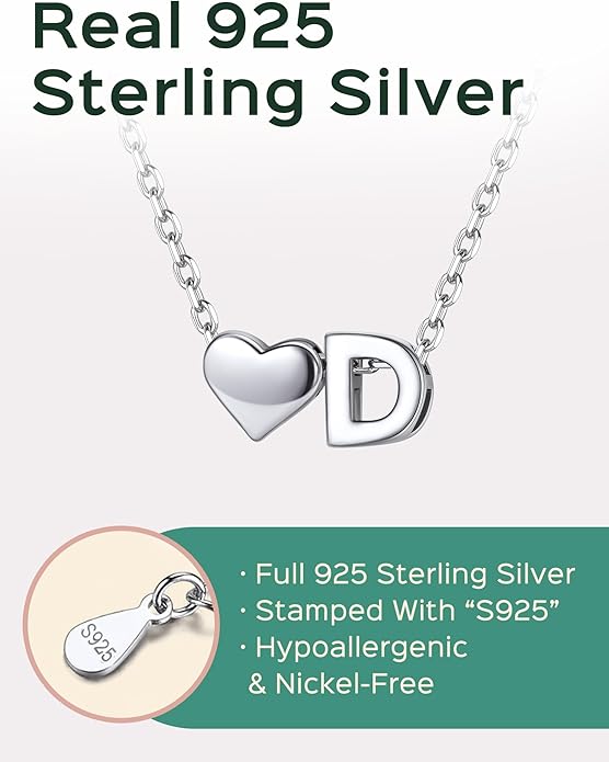 ChicSilver 925 Sterling Silver Heart Initial Necklaces for Women -Dainty Personalized Heart Pendant Letter Alphabet Necklace for Women
