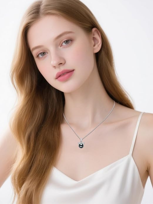 KANNSOAR Tahitian Black Pearl AAAA18K White Gold Plated Sterling Silver Cat Pendant Necklace for Women Wife Mom Girlfriend Valentine Her Jewelry Gift for Mother Day Anniversary Birthday