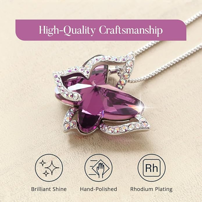 Gift Butterfly Birthstone Crystal Necklace, Silver Tone with 18”+2” Chain, Necklace for Mother’s Day Anniversary Birthday Gifts for Women and Daughter