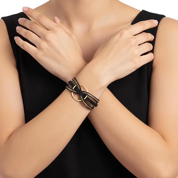 Edoneery Leather Wrap Bracelet for Women, Boho Handmade Multi-Layer Cuff with Crystal Beads Heart, Stackable Bangle Western Jewelry Gift