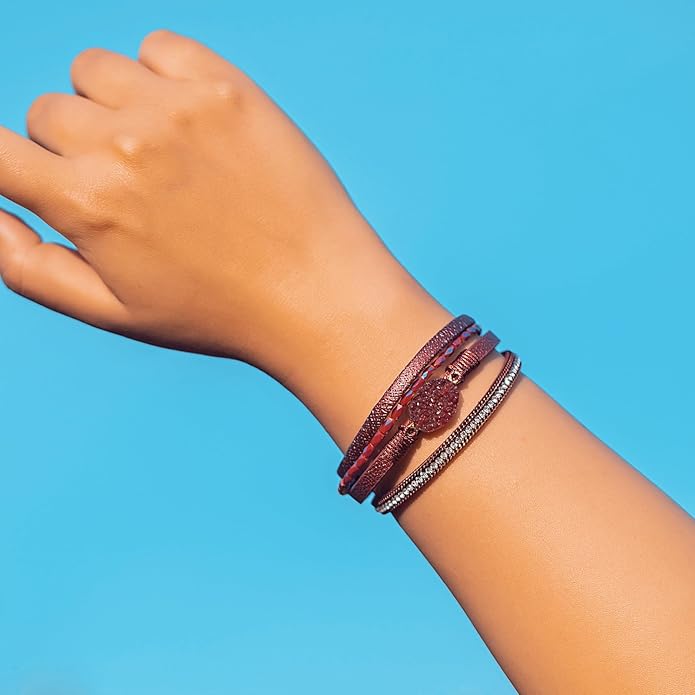 FANCY SHINY Leather Wrap Bracelet Boho Cuff Bangle Bracelets Crystal Bead Bracelet with Magnetic Clasp Jewelry Gifts for Women