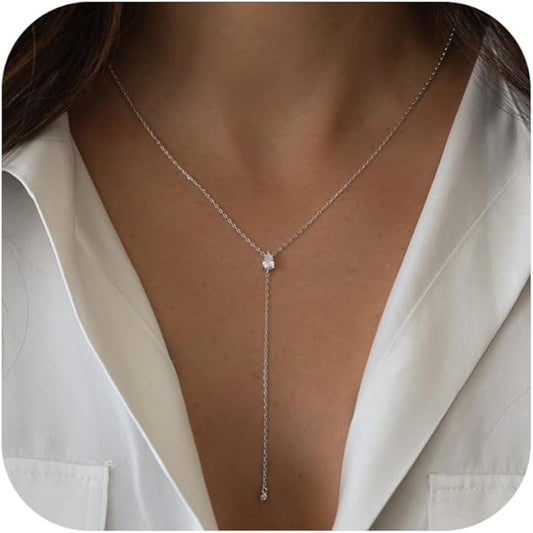 Lariat Necklace for Women, Dainty Long Necklaces, 14k Gold/Silver Plated Y-Shaped Drop Chain Necklace, Simple Layered Necklaces, Trendy Jewelry Gifts for Her