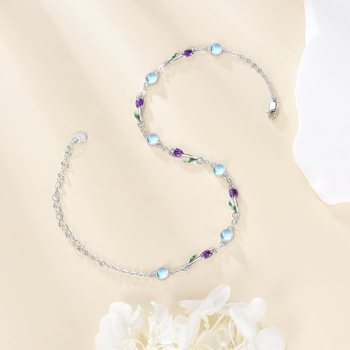CRMAD 925 Sterling Silver Daisy/Sunflower Moonstone Anklet Daisy Flower Ankle Bracelet for Women Beach Dainty Jewelry