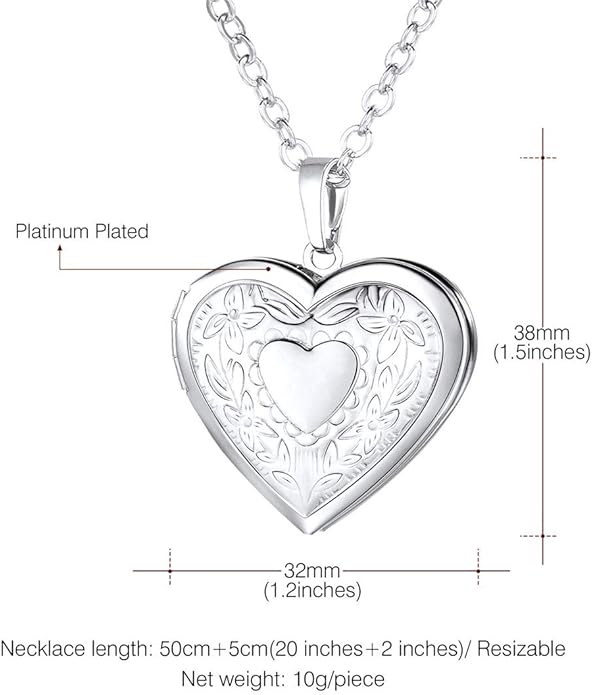 U7 Women Locket Necklace Platinum 14K Gold Photo Lockets that Hold Picture,Chain 20 Inch Personalized Gift Custom Love Heart Image Necklaces