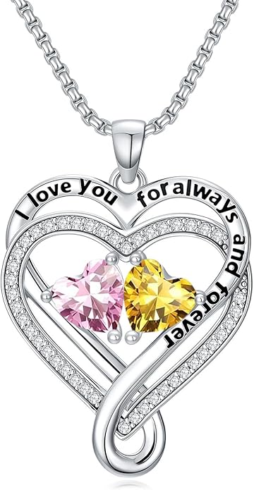 I Love You for Awlays and Forever Double Heart Necklace with Birthstone, 2 Birth Stone Jewelry Anniversary Valentines Mothers Day Christmas Birthday Gifts for Women Her Wife Girlfriend Mom Mother