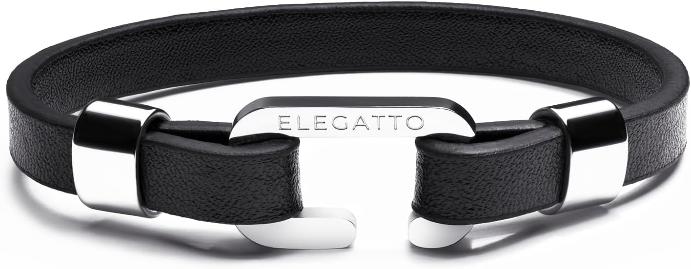 Elegatto Morelle Premium Leather Bracelet for Men | Full-Grain Black Leather with Silver Polished Stainless Steel Shackle Closure | Men’s Designer Jewelry