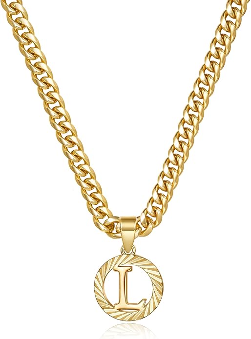 KissYan Gold Initial Necklace,14K Gold Plated Round Letter Pendant Hollow Capital Monogram 5mm Cuban Chain Necklace Alhpabets from A-Z Dainty Jewelry for Women Men