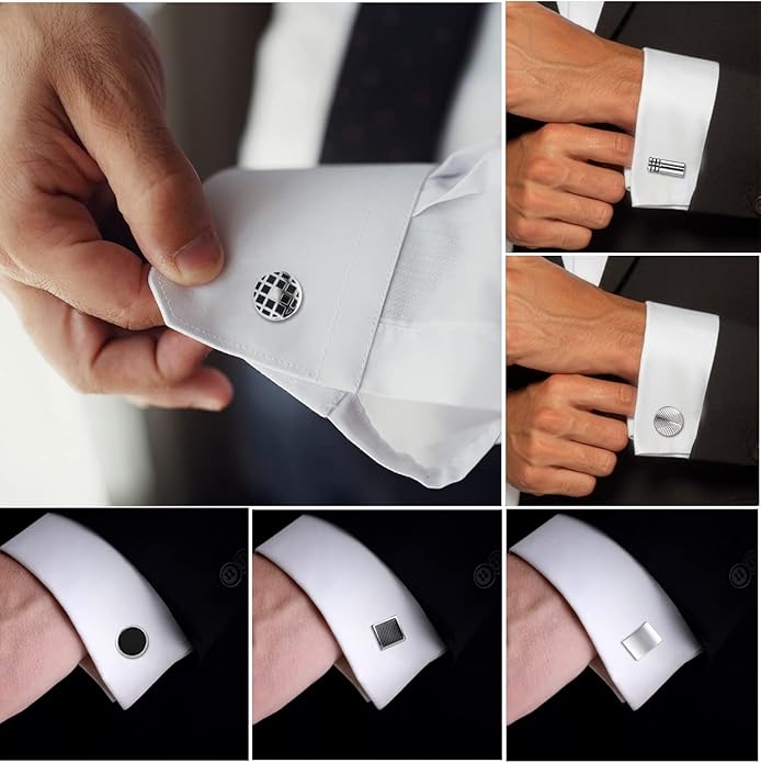 FIRAZIO 12 Pairs Cufflinks for Men Classic Tone Cuff Links Silver Black Striped Disc Square Rectangle Cuff Links Shirt Suit Men’s Cufflinks For Wedding Groom Business Elegant Gift