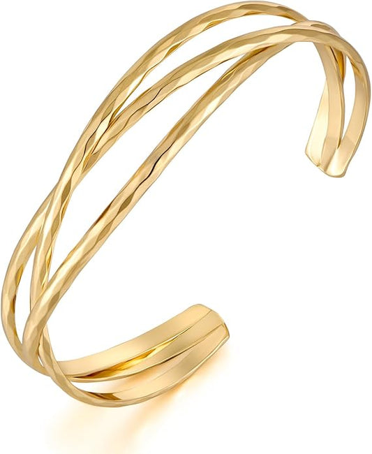 Gold Cuff Bracelet for Women Chunky Multi-layer Cross Wire Open Bracelet Hollow Wide Cuff Bracelets Adjustable Gold Open Cuff Bangle Bracelet