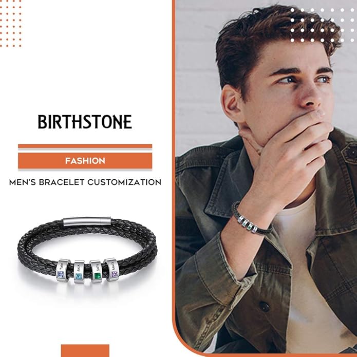 kaululu Custom Leather Bracelet for Men with 1/2/3/4/5/6/7/8 Birthstones Engraved Stainless Steel Beads Personalized Names Bracelet for Father's Day Christmas Thanksgiving Gift for Men