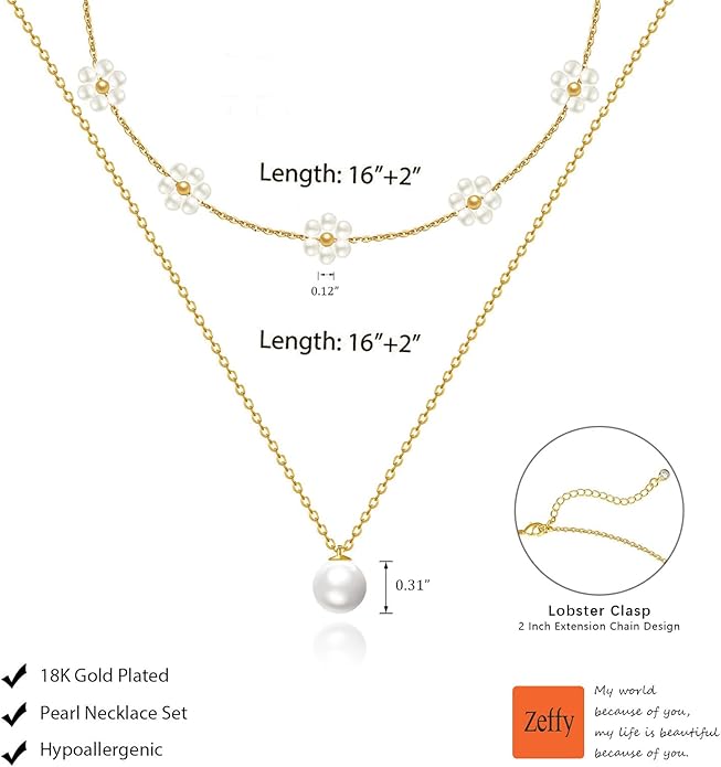 Zeffy Gold Pearl Necklace for Women, Dainty 14K Gold/Silve Plated Layered Pearl Choker Pearl Earrings Pearl Bracelets Wedding Trendy Gold Jewelry Set for Women Gifts