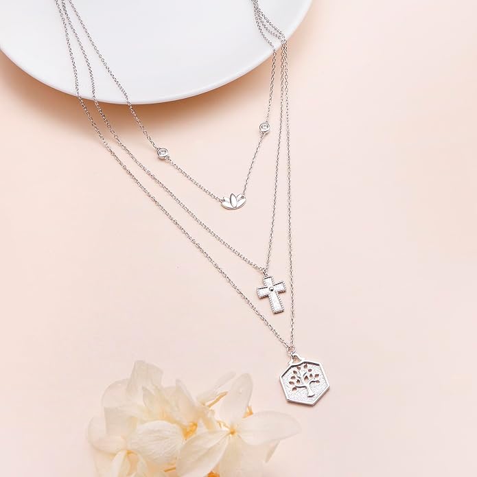 Layered Necklaces for Women 925 Sterling Silver Cross Triple Long Chain Pendant Necklace Lotus Tree of Life Pendant Necklace for Women Jewelry