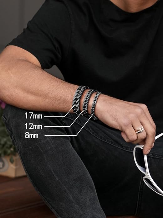 8/12/17mm Wide Cuban Link Bracelet for Men Father Gift 18K Gold/Black Plated Stainless Steel Bracelets 7.4-9 Inches(Gift Wrapped)