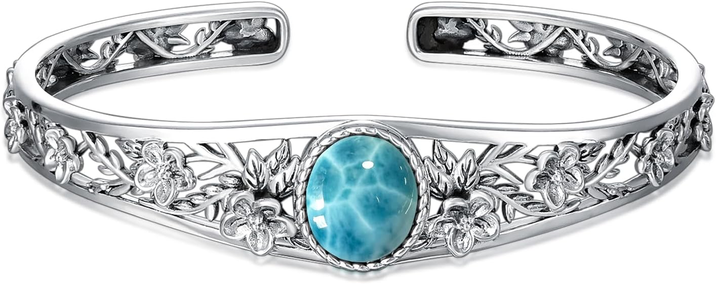 Genuine Turquoise Vintage Flower Bracelet Bangle, Sterling Silver Boho Adjustable Bangle Cuff Native American Jewelry for Women, Fit for 6.5 7 7.5 Inches