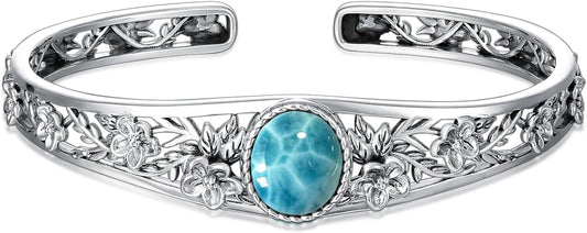 Genuine Turquoise Vintage Flower Bracelet Bangle, Sterling Silver Boho Adjustable Bangle Cuff Native American Jewelry for Women, Fit for 6.5 7 7.5 Inches