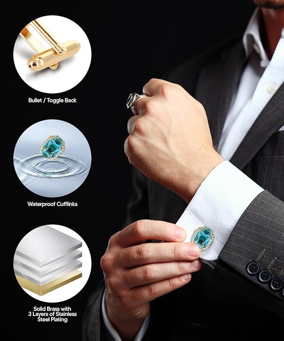 Rectangular Colored Diamond-Flanked Crystal Cuff Links – Tuxedo Suit Accessories, Cufflinks for Men