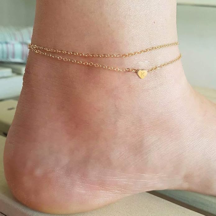 Turandoss Heart Initial Ankle Bracelets for Women, 14K Gold Filled Handmade Dainty Layered Anklet Letter Initial Heart Ankle Bracelets for Women Beach Jewelry Gifts