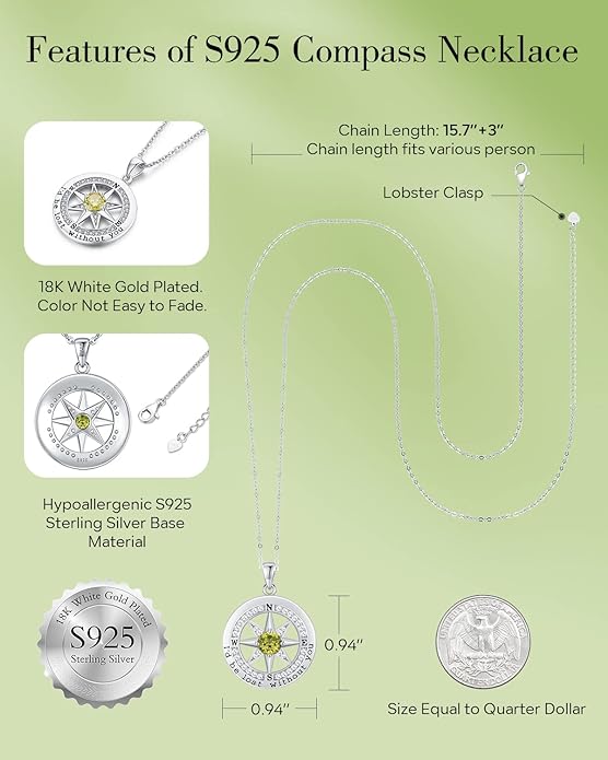 S925 Necklace Gift for Wife |Compass Jewelry |Women Anniversary |Sterling Silver |Girlfriend Birthday Gifts for Her Valentines |I'd be Lost without You |Jewel 18K Gold