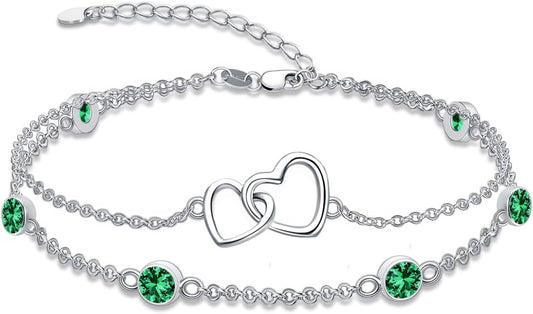 Dorunmo Heart Birthstone Bracelet Anklet for Women 925 Sterling Silver Birthday Jewelry Gifts for Women Wife
