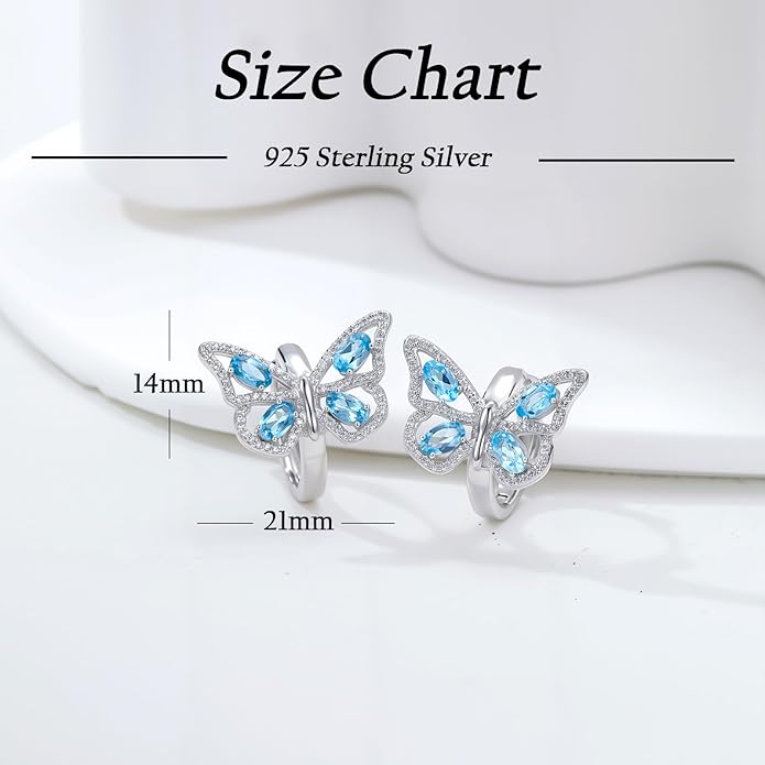 Natural Swiss Blue Topaz Butterfly Earrings 925 Sterling Silver Real Gemstone Birthstone Drop Earrings for Women Jewelry Gifts for Birthday