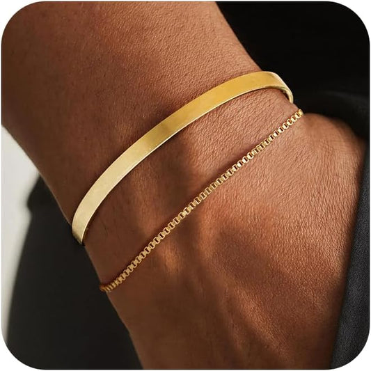 Moodear Stackable Bracelets for Men - Dainty 925 Sterling Silver/14K Gold Plated Cuff Snake Box Cuban Link Chain Bangle Bracelet Set Mens Jewelry