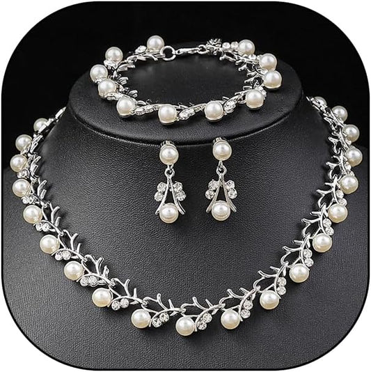 Rrdaily Rhinestone Pearl Wedding Jewelry Set for Bride Bridesmaid Bohemia Adjustable Beaded Crystal Bracelet Necklace Exaggerated Pearl Earring Set for Women