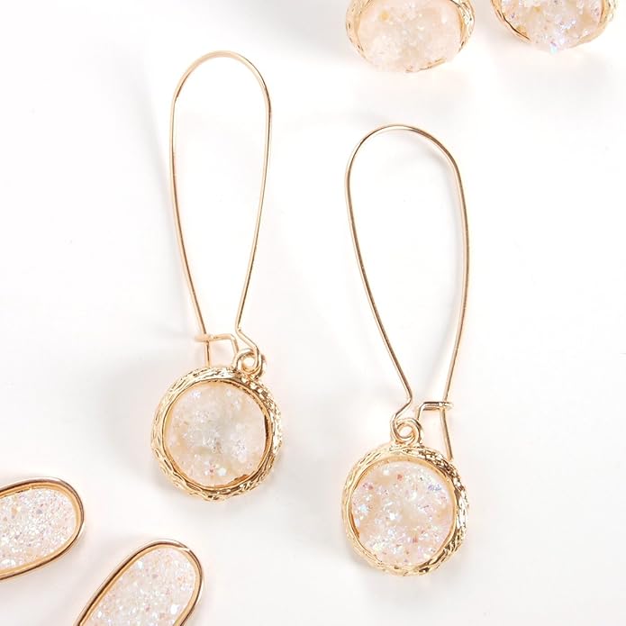 Simulated Druzy Threader Drop Earrings for Women - Gold, Silver, or Rose Gold Tone Trendy Boho Dangles with Sparkly Round Stone