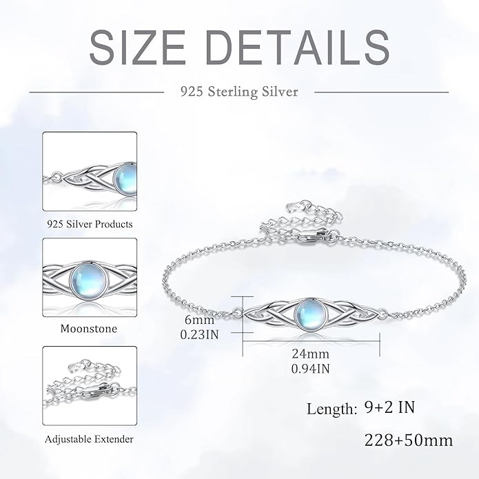 VONALA 925 Sterling Silver Celtic Anklet for Women Irish Moonstone Ankle Bracelet Moonstone Anklet Knot Viking Gemstone Jewelry