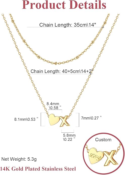 FOCALOOK Layered Initial Necklace for Women, 14K Gold Plated Choker Necklaces Stacks with Initial A-Z, Dainty Silver Heart Pendant Necklace Personalized Birthday Women Jewelry