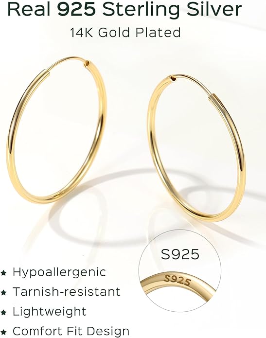 ChicSilver Hypoallergenic 925 Sterling Silver Hoop Earrings for Women, Lightweight Large Gold Plated Hoop Earrings, Endless Hoops Earring 20/30/40/50/60/70MM