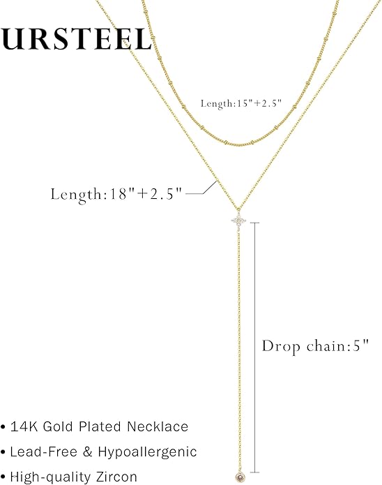 Ursteel Dainty Lariat Necklace for Women, 14K Gold Plated Y-Shaped Long Necklace Layered Drop Necklaces Pearl Cross Clover CZ Charm Necklaces for Women Christmas Jewelry Gifts Stocking Stuffers